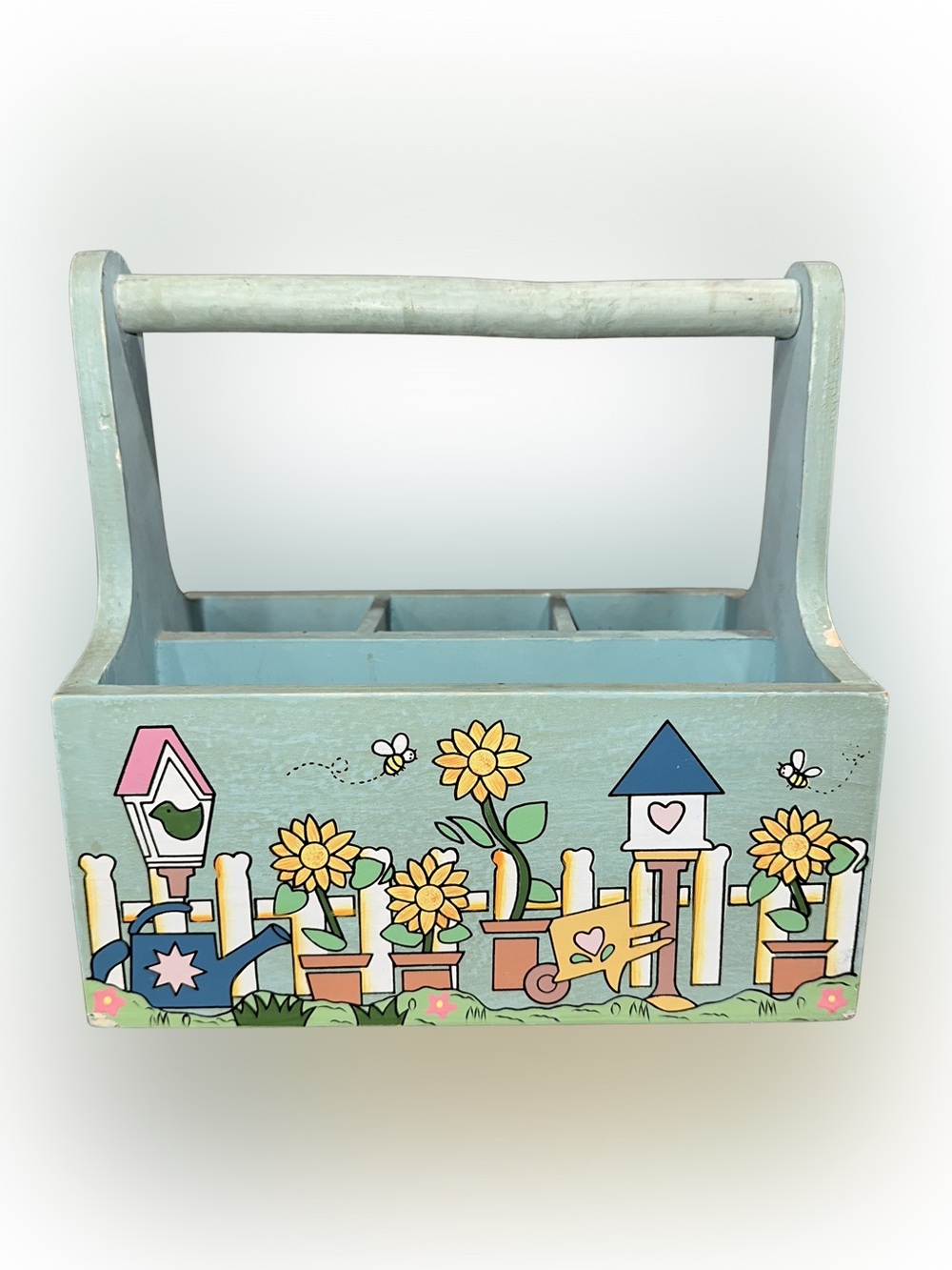 Vintage Wooden Caddy Carry All Garden Tools Utensil Holder Painted Bird Houses - Picture 5 of 8